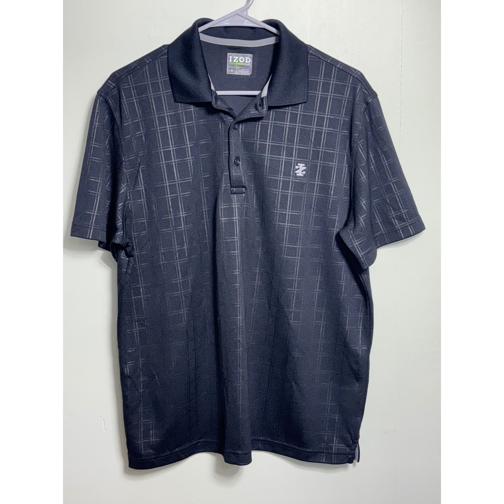 IZOD Golf Polo Shirt Men Medium Black Charcoal Grid Plaid Short Sleeve Polyester